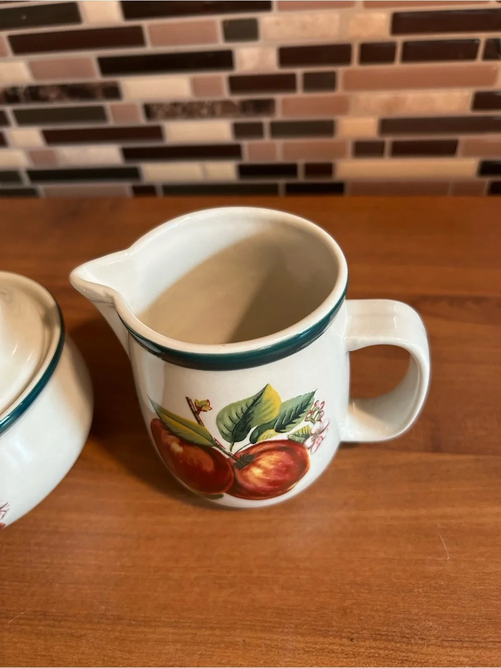 Vintage Cream Ceramic Creamer and Sugar Bowl with Red Apple Motif